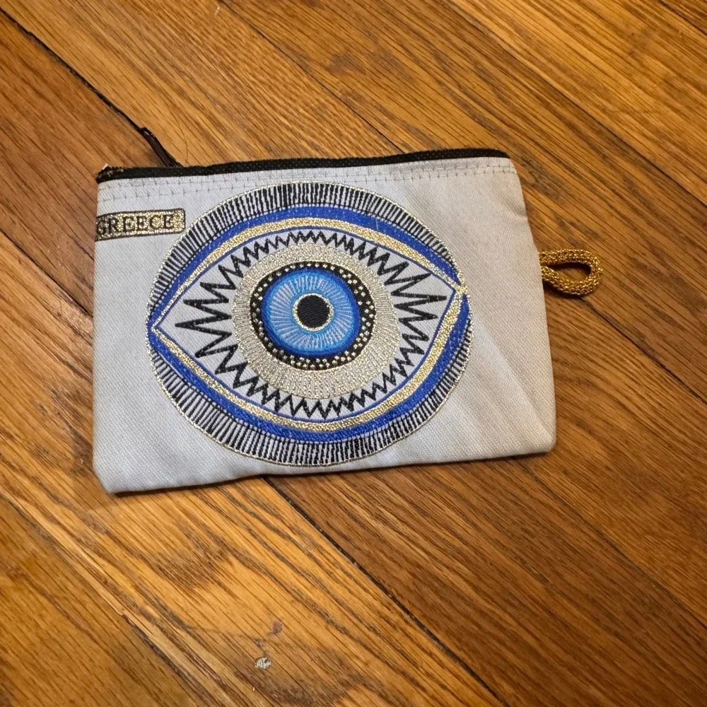 Greek Evil Eye Embroidered Canvas Pouch Zippered‎ Makeup Bag White Gold Blue